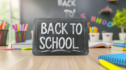Back to school set with backpack and office supplies. School background. Front view. Chalkboard with doodles and text.