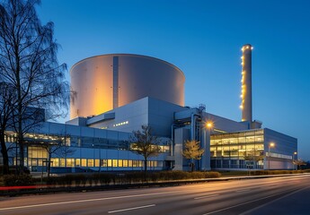 Decommissioned nuclear power plant exterior view at blue hour in Brokdorf - Schleswig-Holstein, Germany