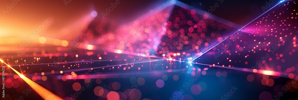 Poster abstract bokeh lights with colorful particles on dark background. banner with copy space
