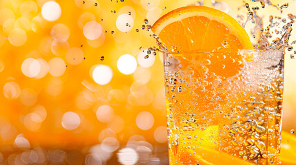 A glass of orange juice splashing with fresh orange slices, creating a vibrant and refreshing scene. Ideal for advertising beverages, health products, and summer campaigns. Highlights themes of freshn