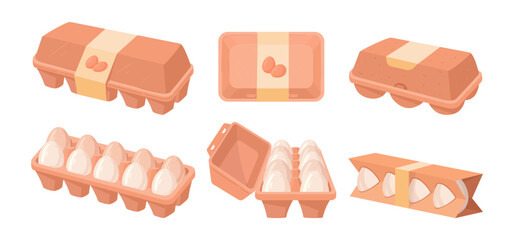 Chicken eggs packaging. Grocery store chicken eggs boxes, organic eggs in cardboard boxes flat vector illustration set. Cartoon eggs carton in boxes