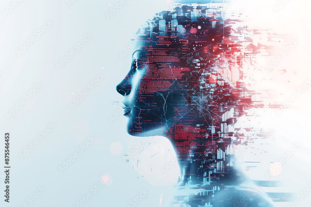 Poster silhouette of virtual human on artificial intelligence & digital icon circuit pattern background. te