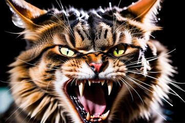 Portrait of an angry dangerous predatory cat with huge fangs.