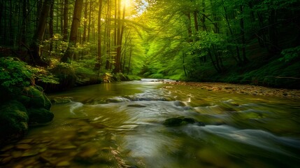 Tranquil forest stream with lush green foliage and sunlight filtering through trees
