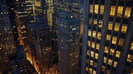 Aerial view of tall modern building skyscrapers at night, showcasing the architectural building's exterior beauty and city lighting capturing the urban landscape at dusk.