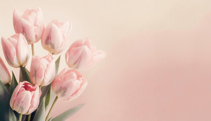 Naklejka premium Illutration of spring pink tulip flowers on pink background top view in flat lay style. Greeting card for Womens, Mothers Day, wedding invitation or Spring Sale Banner. Generative AI.