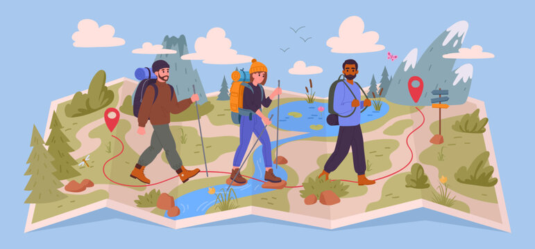 People hiking on map. Tourists walking on wild nature terrain map, hiking route and destination pin flat vector illustration. Backpackers group trekking on map