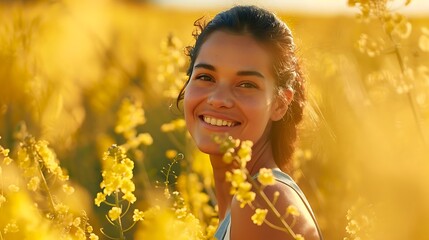 Beautiful young and lovely happy woman smiling in the middle of a field yellow rapeseed flowers in spring. Latin American woman's sensual beauty, Catalonia, Spain.