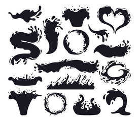 Water splash silhouettes. Cartoon liquid drops, flows and waves, black aqua splashes flat vector illustration set. Water splash silhouettes