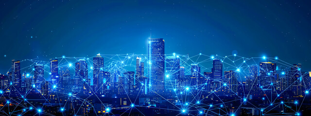 Digital networking concept with a city skyline, emphasizing connectivity and business