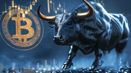 Black bull silhouette charging towards bitcoin crypto currency on digital stock market. on blue & orange background. Financial, banking, investing & virtual money concepts. 3D Illustration
