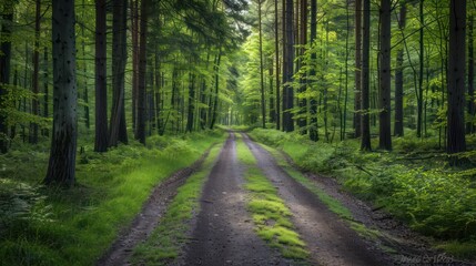 Fototapeta premium Serene dirt path winding through lush green forest with tall trees.