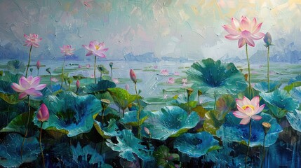 Bold strokes of oil paint depicting bright lotus flowers and lush leaves against a vibrant and colorful pond. © Neuraldesign