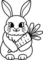 Obraz premium Bold line drawing cute baby rabbit holding carrot with editable stroke thickness for coloring page for kids. Vector illustration.