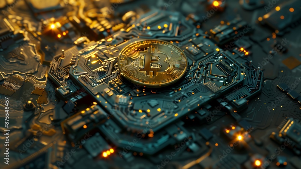 Poster bitcoin symbol surrounded by electrical components. generative ai