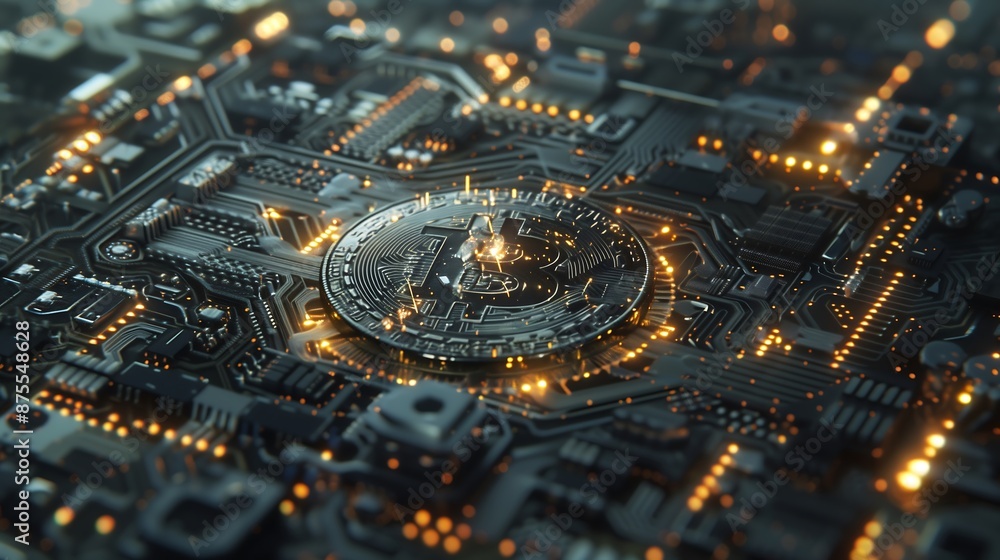 Poster bitcoin symbol surrounded by electrical components. generative ai