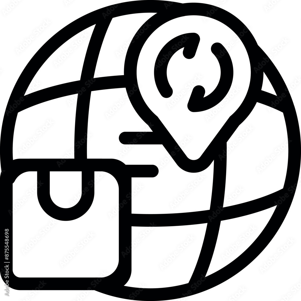 Poster simple bold line design icon of a package being shipped around the world with a return arrow symbol