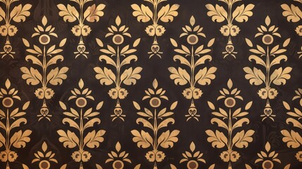 Golden floral damask pattern on a dark brown background wallpaper.