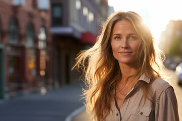Obraz premium A woman with long blonde hair stands on a city street at sunset, smiling softly. She wears a casual beige shirt, with the warm sunlight creating a soft, golden halo around her - Generative AI