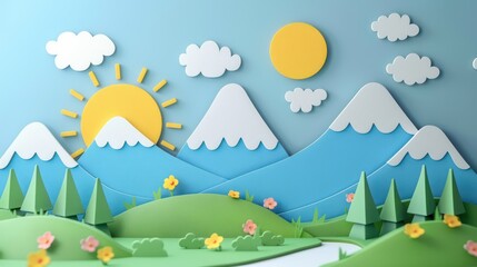Sunny day illustration with mountains, clouds, and trees