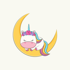 Cute little unicorn sleeping on the moon. Vector illustration