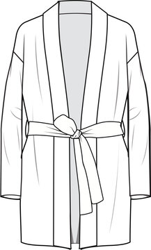 recommend clip art: Women's Front Wrap Closure, Self Tie Cardigan. Technical fashion illustration. Front and back, white colour. Women's CAD mock-up.