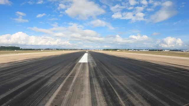 Taxi after landing on the airport runway. 4K Footage. International Airport
