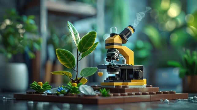 microscope with plant in modern background, detailed bokeh