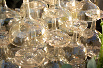 A view of a table full of plastic coupe cocktail glasses.