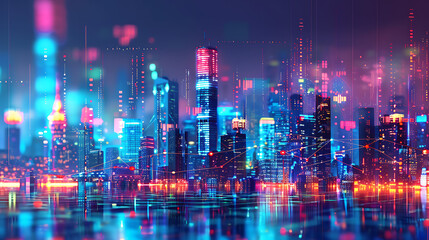 Futuristic Cityscape with Digital Lights and Neon Glow