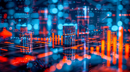 Fototapeta premium Digital abstract background with financial graphs and double exposure of cityscape