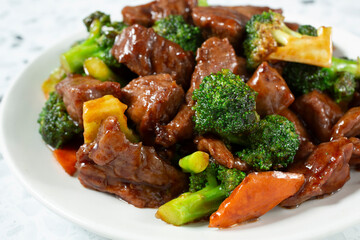 A view of entree of beef broccoli.