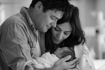 Black and white photo of a young couple holding their newborn baby, capturing the intimate and tender moment of new parenthood.