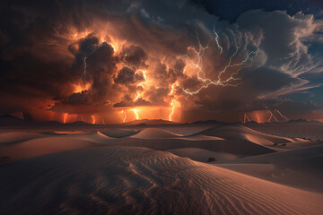 Dramatic lightning storm over a desert landscape, highlighting the power of nature with striking lightning bolts illuminating the dark sky.