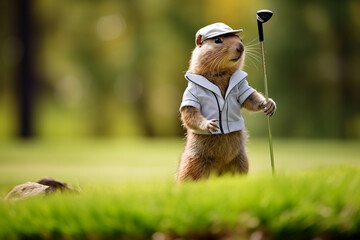 Obraz premium Awesome funky anthropomorphic Arctic ground squirrel playing golf on the golf course, copy space for text