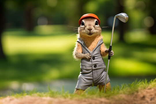 Awesome funky anthropomorphic Arctic ground squirrel playing golf on the golf course, copy space for text