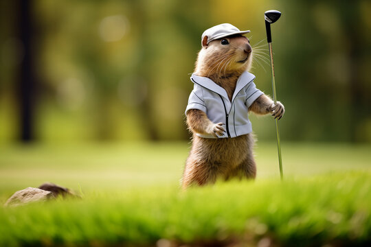 Awesome funky anthropomorphic Arctic ground squirrel playing golf on the golf course, copy space for text