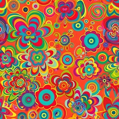 Naklejka premium Psychedelic 60s-Inspired Retro Seamless Vector Pattern with Swirling Shapes