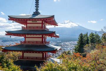 Kawaguchiko Sengen Shrine with partial cloud and snow coverage on Mt Fuji, Kawaguchiko, Japan