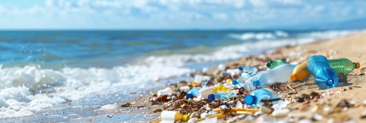 Seashore pollution  littered beach depicting environmental damage with space for text placement