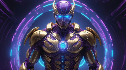 Golden purple Male AI robot with Blue glowing neon rings light in the background. AI generativ3.