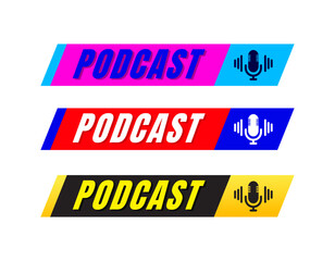 Set podcast logos and symbols, icons with studio microphone. Emblems for broadcast,news and radio streaming. Template for shows, live performances