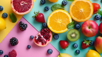 Assortment of fresh fruits on colorful backgrounds