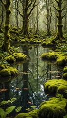 A pond in the woods surrounded by green moss.