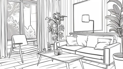 Fototapeta premium An image featuring the line art of a living room. In the illustration, there is a couch, chair, and coffee table.