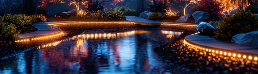 The Merge of Technology and Art seen in a sculpture garden at night, where LEDs and natural forms create an ethereal landscape.