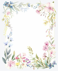 Naklejka premium An intricate and elegant frame for note cards, featuring a rectangle border with delicate watercolour wildflowers in soft pastel colours