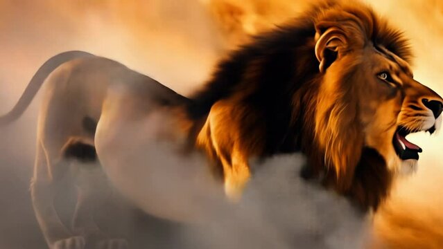 Lion leaping through a fiery background