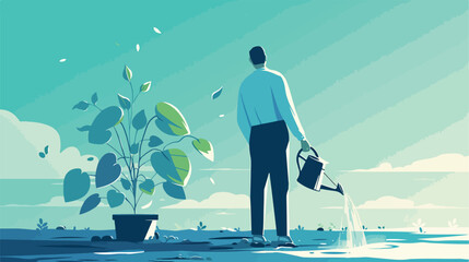 A happy chinese business person watering a growing plant