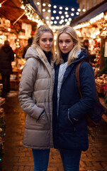 Fototapeta premium Two young adult women or teenage girls, standing at a Christmas market. Wearing winter jackets, old town between Christmas-decorated stalls. Blond Caucasian, best friends, insecure bored introverted.